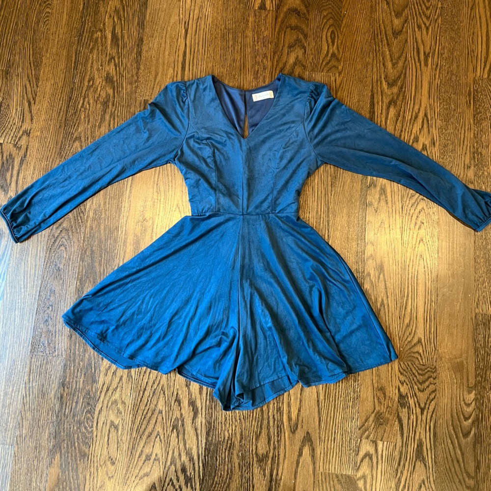 Altar’d State Blue Mini Romper Long Sleeve with bow in the back